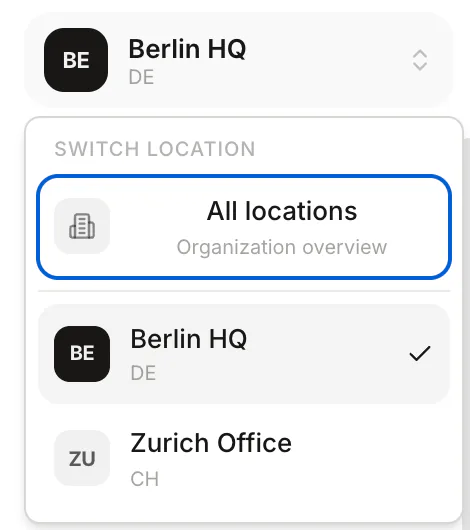 Office switcher with All locations, Berlin HQ and Zurich Office