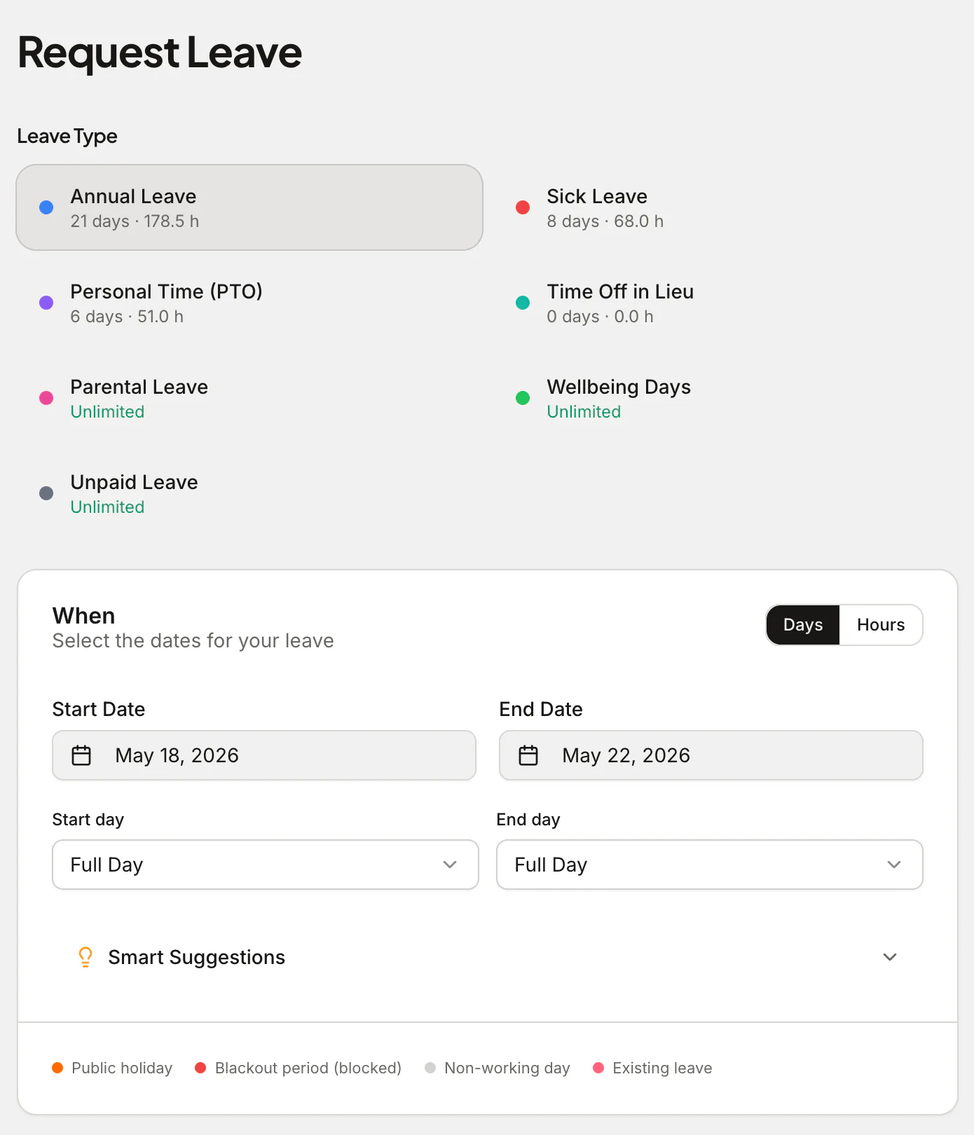 Leave request form showing the remaining balance for each leave type and the chosen dates