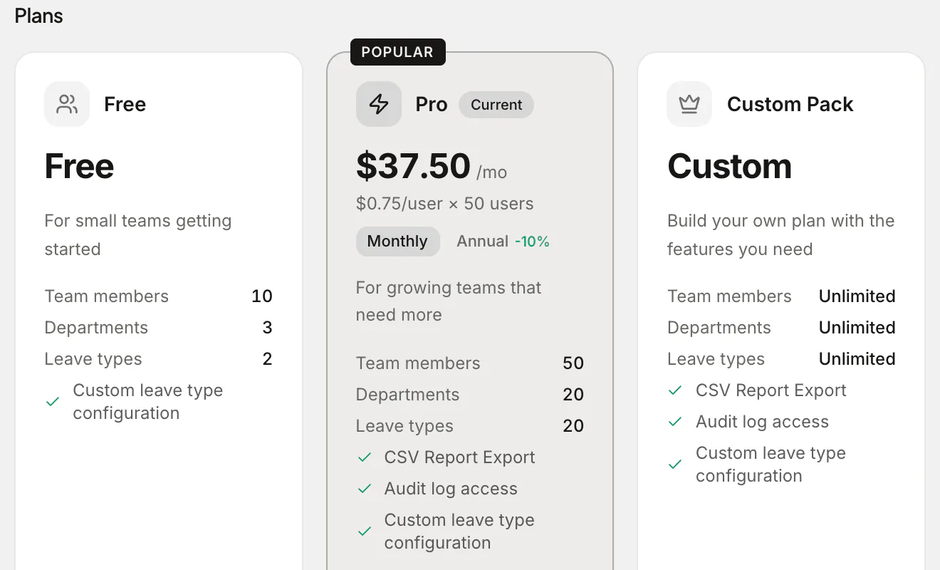 Absenca plans in the app: Free for up to 10 people, Pro at $37.50 a month for up to 50, and a Custom Pack