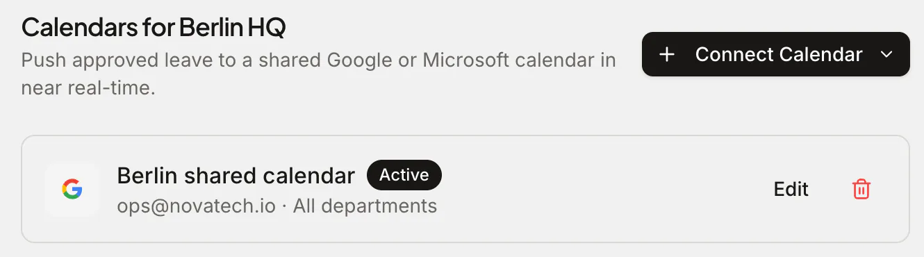 A shared Google calendar connected to an office, receiving approved leave