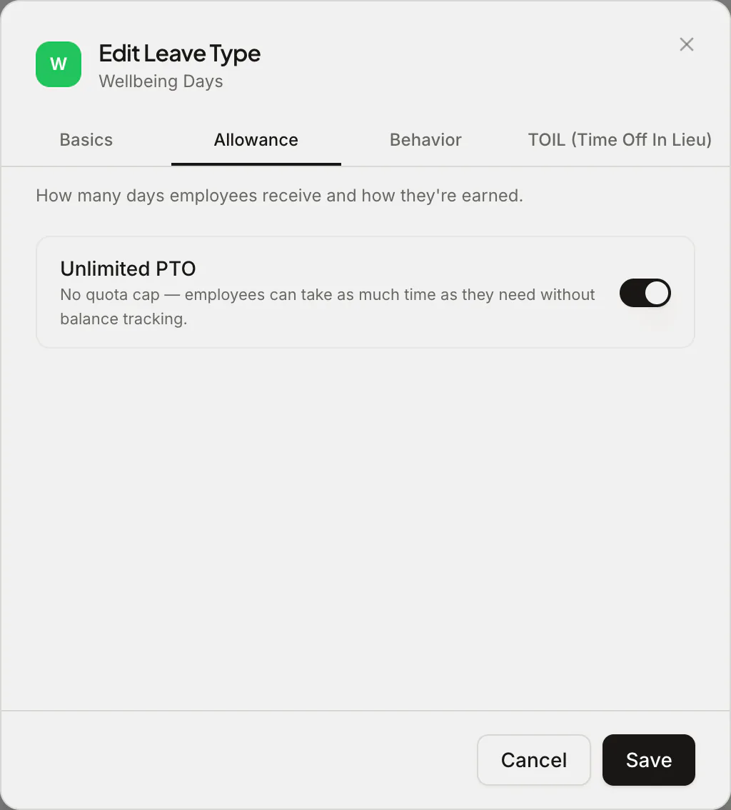 Leave type allowance settings with the Unlimited PTO switch turned on
