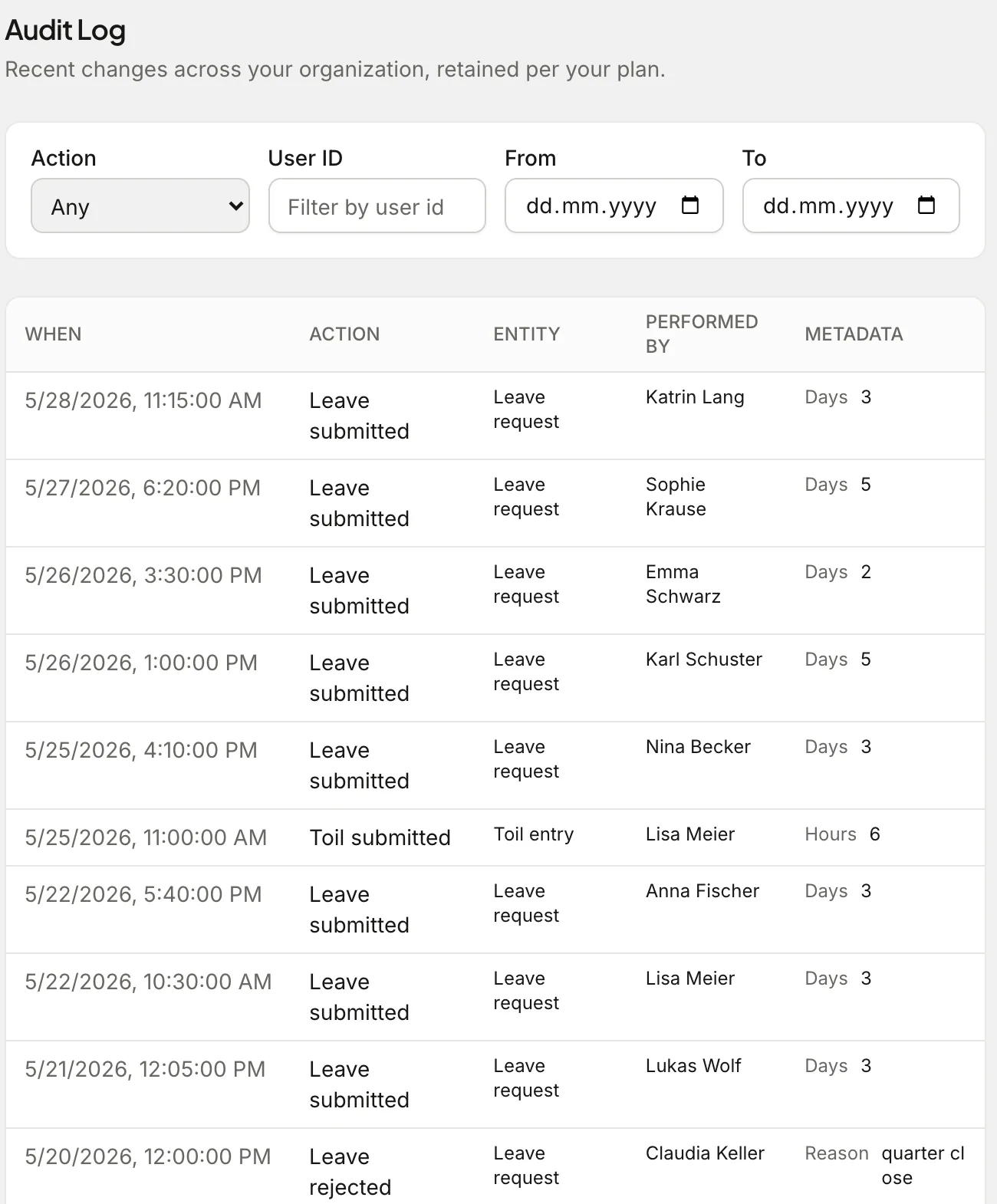 Audit log listing leave submitted and rejected events with who did it, when and the details