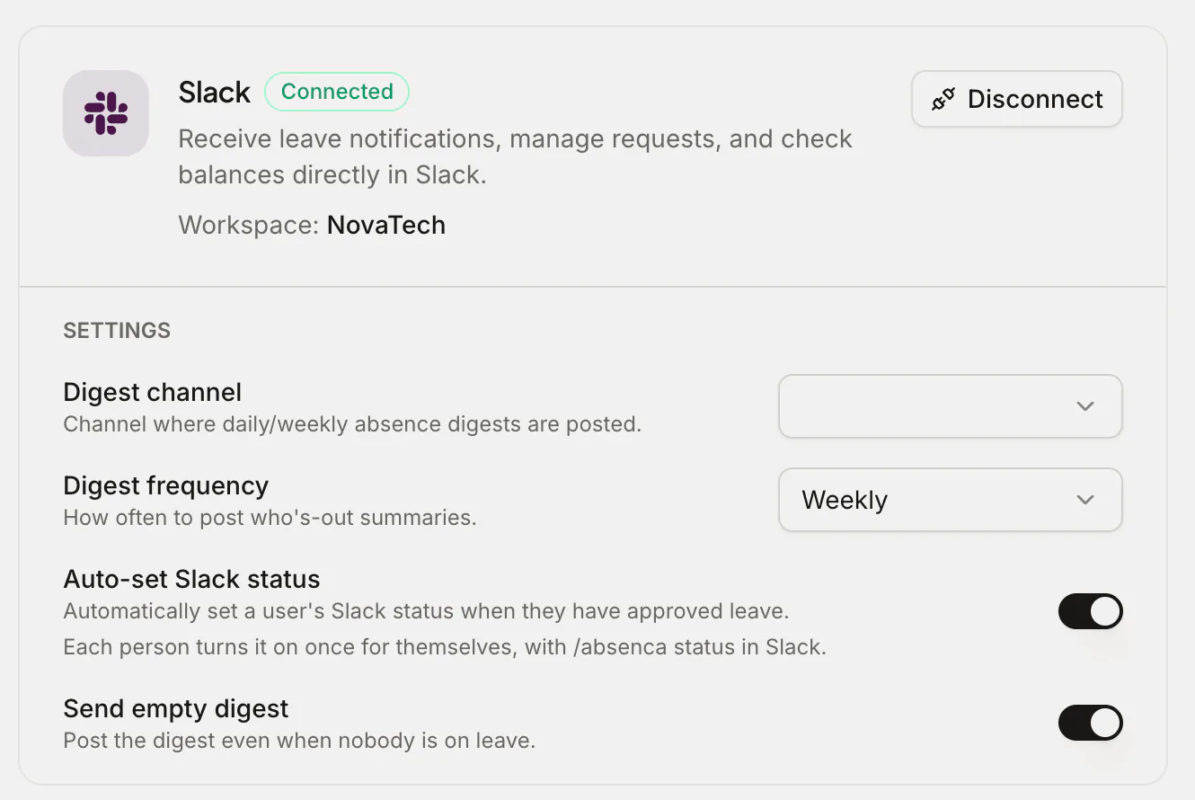 Slack integration settings: connected workspace, who's-out digest channel and frequency, automatic Slack status